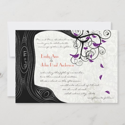 Rustikale romantische Bäume Lila Vögel Hochzeit Einladung (Vorderseite)