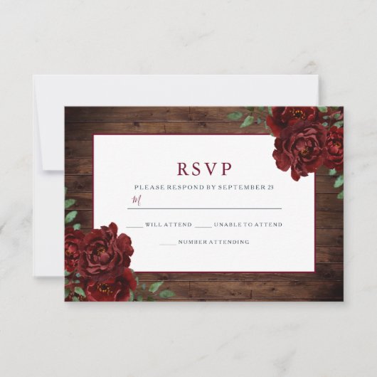 Rustikale romantische Burgunder Rose Hochzeit RSVP Karte (Vorderseite)