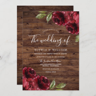 Rustikale romantische Burgunder Rote Rose Hochzeit Einladung