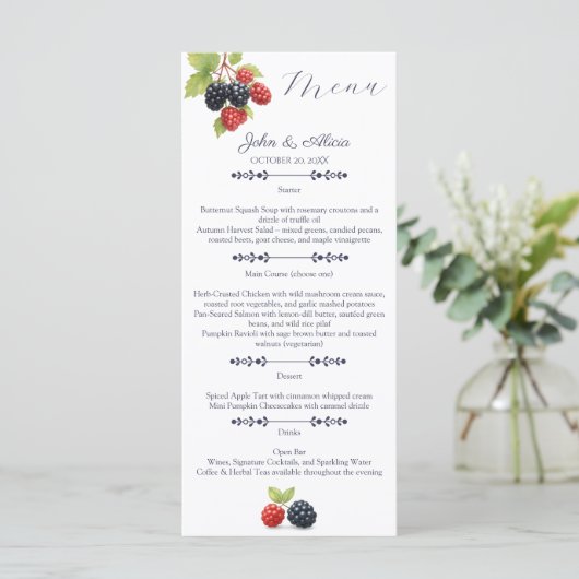 Rustikale romantische Herbstgarten Berry Wedding Menükarte (Stehend Vorderseite)