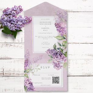Rustikale Romantische Lila & Salbei Flieder QR Cod All In One Einladung
