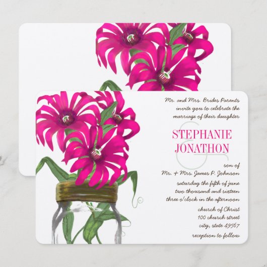 Rustikale Romantische Pink Mason Jar Wild Blume Ho Einladung (Vorne/Hinten)