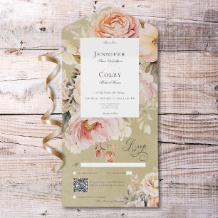 Rustikale Romantische Rosa & Blush Rosen Grüner QR All In One Einladung