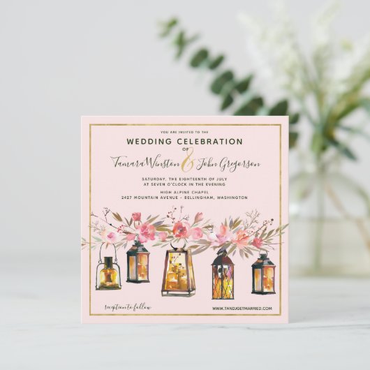 Rustikale romantische Rose Gold Lanterns Blumenhoc Einladung (Stehend Vorderseite)