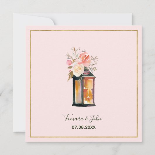 Rustikale romantische Rose Gold Lanterns Blumenhoc Einladung (Rückseite)