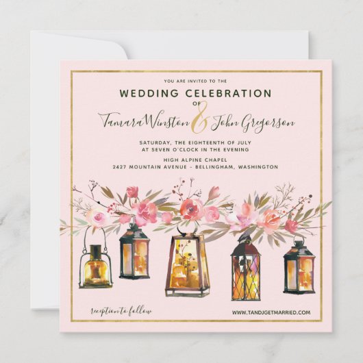 Rustikale romantische Rose Gold Lanterns Blumenhoc Einladung (Vorderseite)