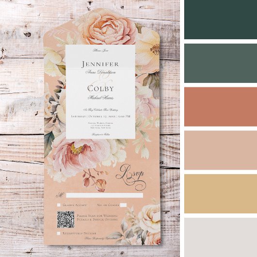 Rustikale Romantische Rose Pink & Blush QR-Code All In One Einladung