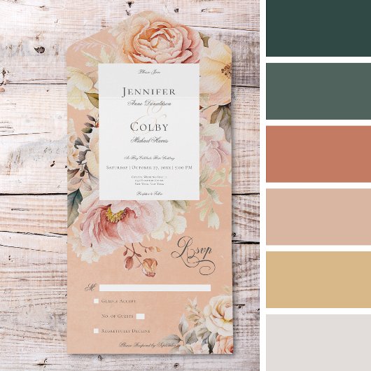 Rustikale Romantische Rose Rosa und Rosa Pfirsich  All In One Einladung