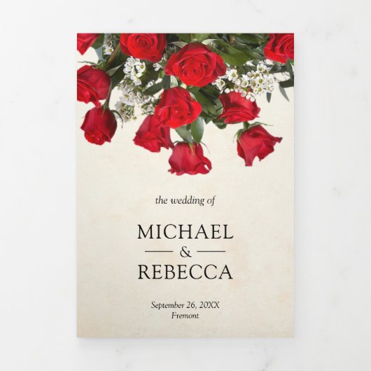 Rustikale romantische Rote Rosen Bouquet Foto Wedd Dreifach Gefaltete Einladung (Cover)