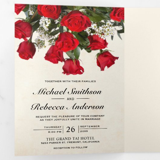 Rustikale romantische Rote Rosen Bouquet Foto Wedd Dreifach Gefaltete Einladung (Innen Erste Seite)