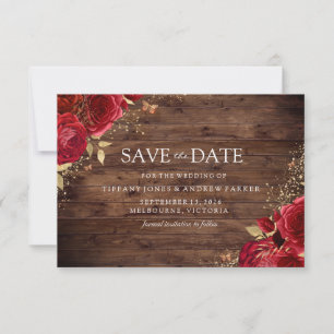 Rustikale romantische Rote Rosen Hochzeit mit Gold Save The Date