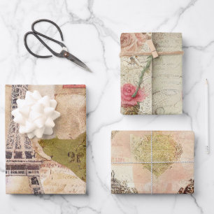 Rustikale Romantische Vintage Paris Geschenkpapier Set