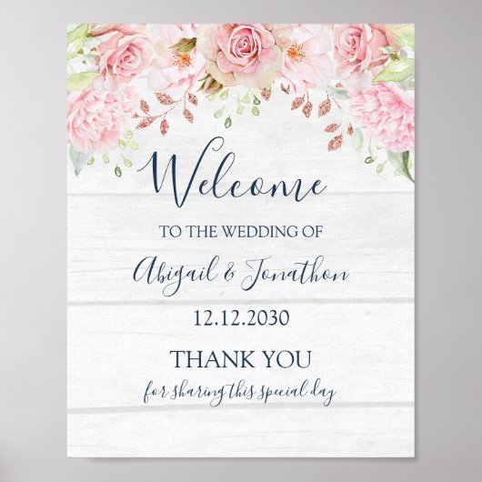 Rustikale rosa Blumen-Hochzeitsbegrüßung im Frühli Poster (Vorne)