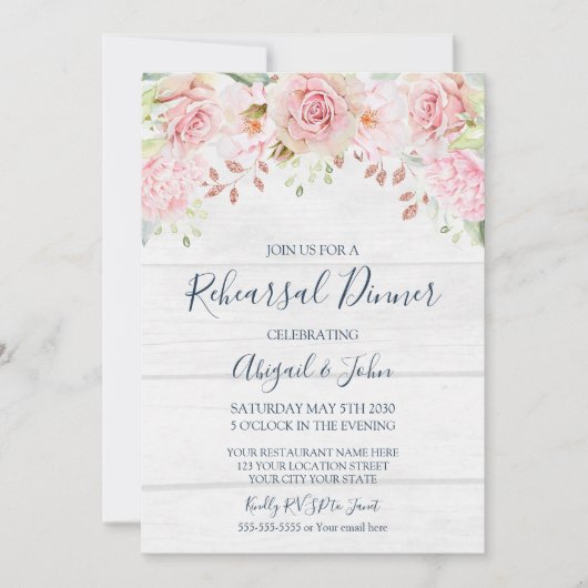 Rustikale rosa Blumen Hochzeitsprobe-Dinner Einladung (Vorderseite)