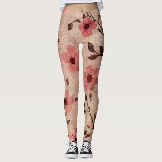 Rustikale Rosa Blumenleinwand-Muster (4) Leggings (Vorderseite)