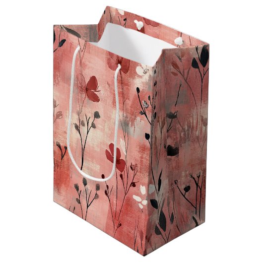 Rustikale Rosa Blumenleinwand-Muster (9) Mittlere Geschenktüte (Vorderseite Schrägansicht)