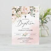 Rustikale Rosa Blütengold Blume Boho Taufe Einladung (Stehend Vorderseite)