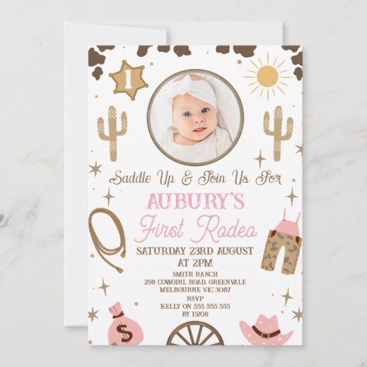 Rustikale Rosa Brawn Girls Erste Rodeo 1. Geburtst Einladung (Vorderseite)