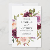 Rustikale rosa Burgund und Lila Blumenhochzeit Einladung (Vorderseite)