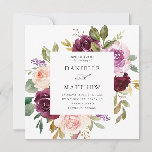 Rustikale rosa Burgund und Lila Blumenhochzeit Einladung (Vorderseite)