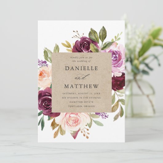 Rustikale rosa Burgund und Lila Blumenhochzeit Einladung (Stehend Vorderseite)