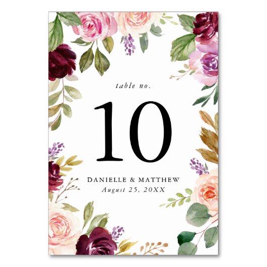 Rustikale rosa Burgund und Lila Blumenhochzeit Tischnummer (Rückseite)