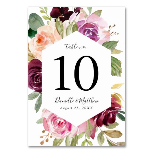Rustikale rosa Burgund und Lila Blumenhochzeit Tischnummer (Rückseite)