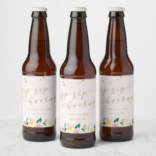 Rustikale rosa florale Sip Sip Hooray Hochzeit Bierflaschenetikett