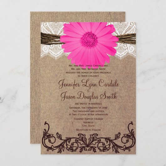 Rustikale rosa Gerber Einladung (Vorne/Hinten)