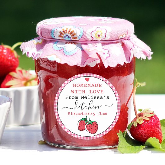 Rustikale rosa Gingham-Hausmarmelade aus Erdbeeren Runder Aufkleber