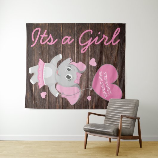 Rustikale Rosa Girl Elephant Babydusche Hintergrun Wandteppich (Beispiel (Horizontal))