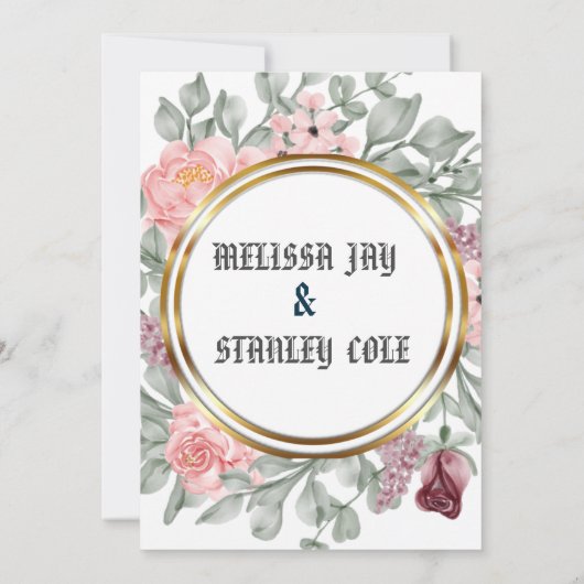 Rustikale Rosa & Gold Rahmen Blumengrün Hochzeit Einladung (Rückseite)