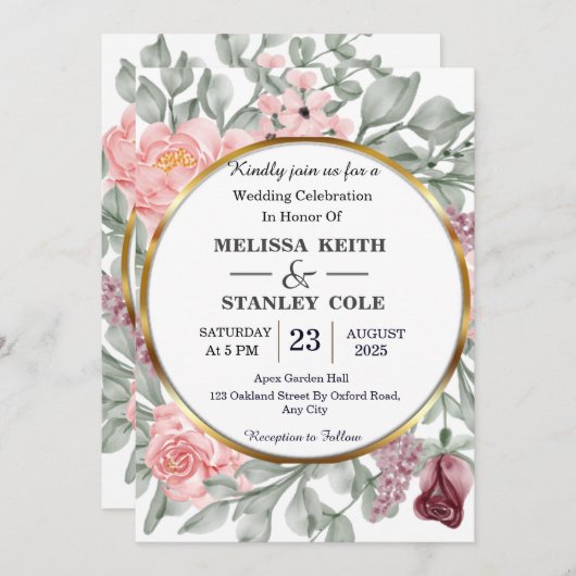 Rustikale Rosa & Gold Rahmen Blumengrün Hochzeit Einladung (Vorne/Hinten)