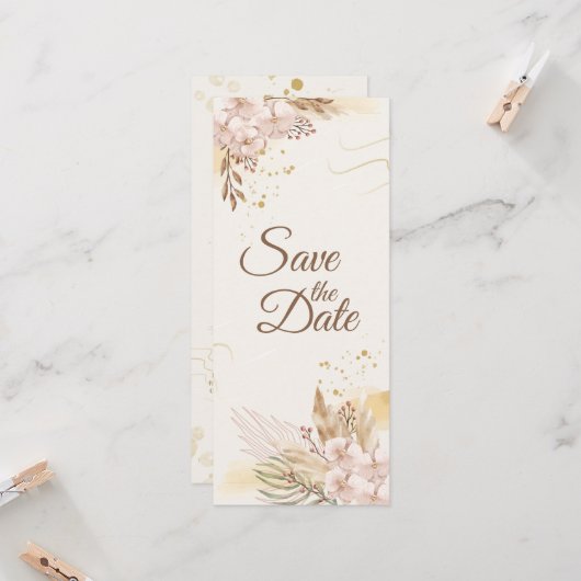 Rustikale Rosa & Goldene Blumen Boho Save-the-Date Einladung (Vorderseite/Rückseite Beispiel)