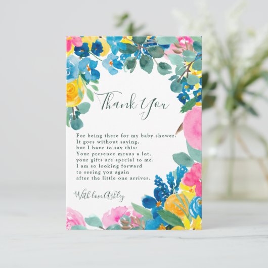 Rustikale, rosa grüne Sommerblütendusche Dankeskarte (Stehend Vorderseite)