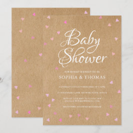 Rustikale Rosa Herz-Paare Babydusche Einladung