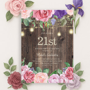 Rustikale rosa lila Blumen-Lichterkette 21. Einladung