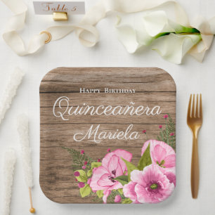 Rustikale rosa Mohnblumen Quinceañera Pappteller