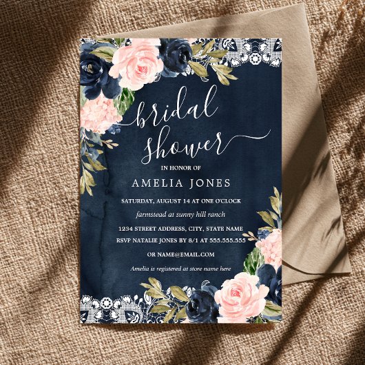 Rustikale rosa Navy Blumen-Spitze-Braut- Dusche Einladung