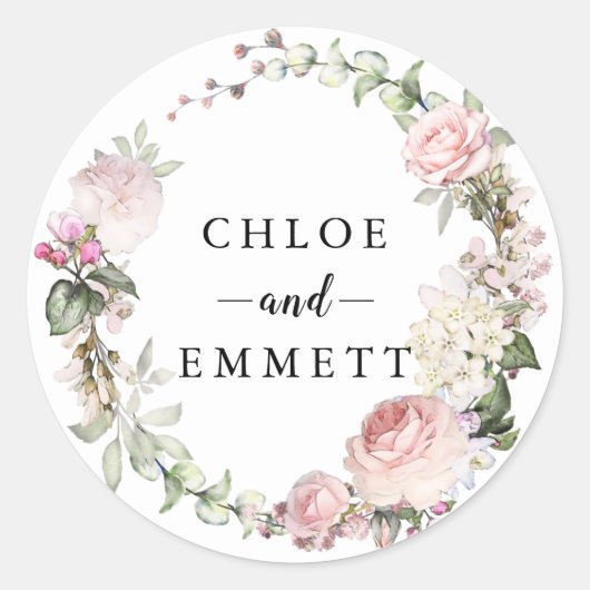 Rustikale Rosa-Rose-Kranz-Gastgeschenk Hochzeit Runder Aufkleber (Vorderseite)