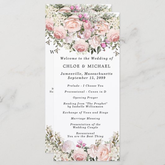 Rustikale Rosa RoseFloral Wedding Programm (Vorne/Hinten)