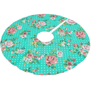 Rustikale rosa Rosen mit Punkten auf türkisfarbene Polyester Weihnachtsbaumdecke