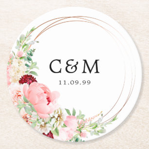Rustikale rosa weiße Blumenhochzeitsmonogramm und  Runder Pappuntersetzer