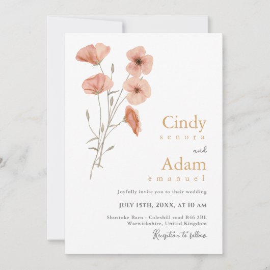 Rustikale Rosa Wildblume Hochzeit Einladung (Vorderseite)