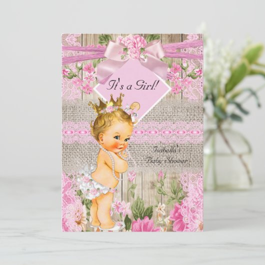 Rustikale Rosa Wood Burlap Girl Baby Dusche Blonde Einladung (Stehend Vorderseite)