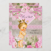 Rustikale Rosa Wood Burlap Girl Baby Dusche Blonde Einladung (Vorne/Hinten)