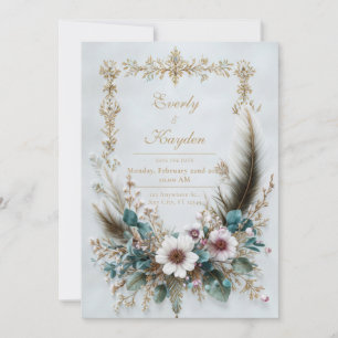 Rustikale Rosafarbene Blumenfeder Elegante Hochzei Einladung