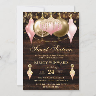 Rustikale rosafarbene und goldene Kugeln Sweet Six Einladung