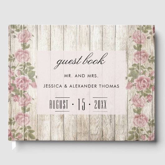 Rustikale Rose auf Holzhochzeiten Gästebuch (Vorderseite)