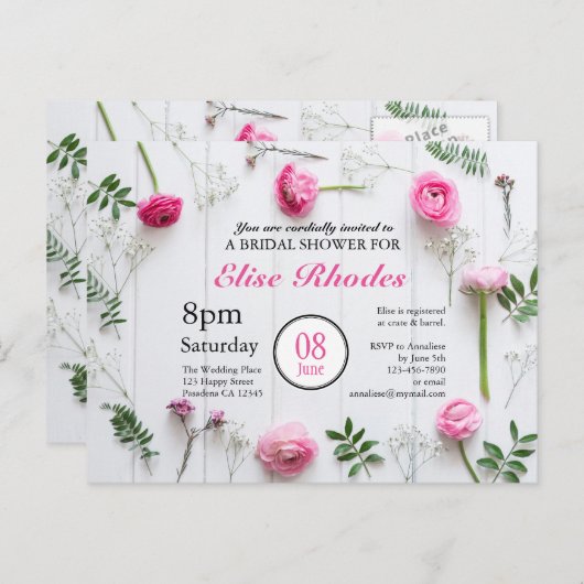 Rustikale Rose aus weißem Brautparty Einladungspostkarte (Vorne/Hinten)